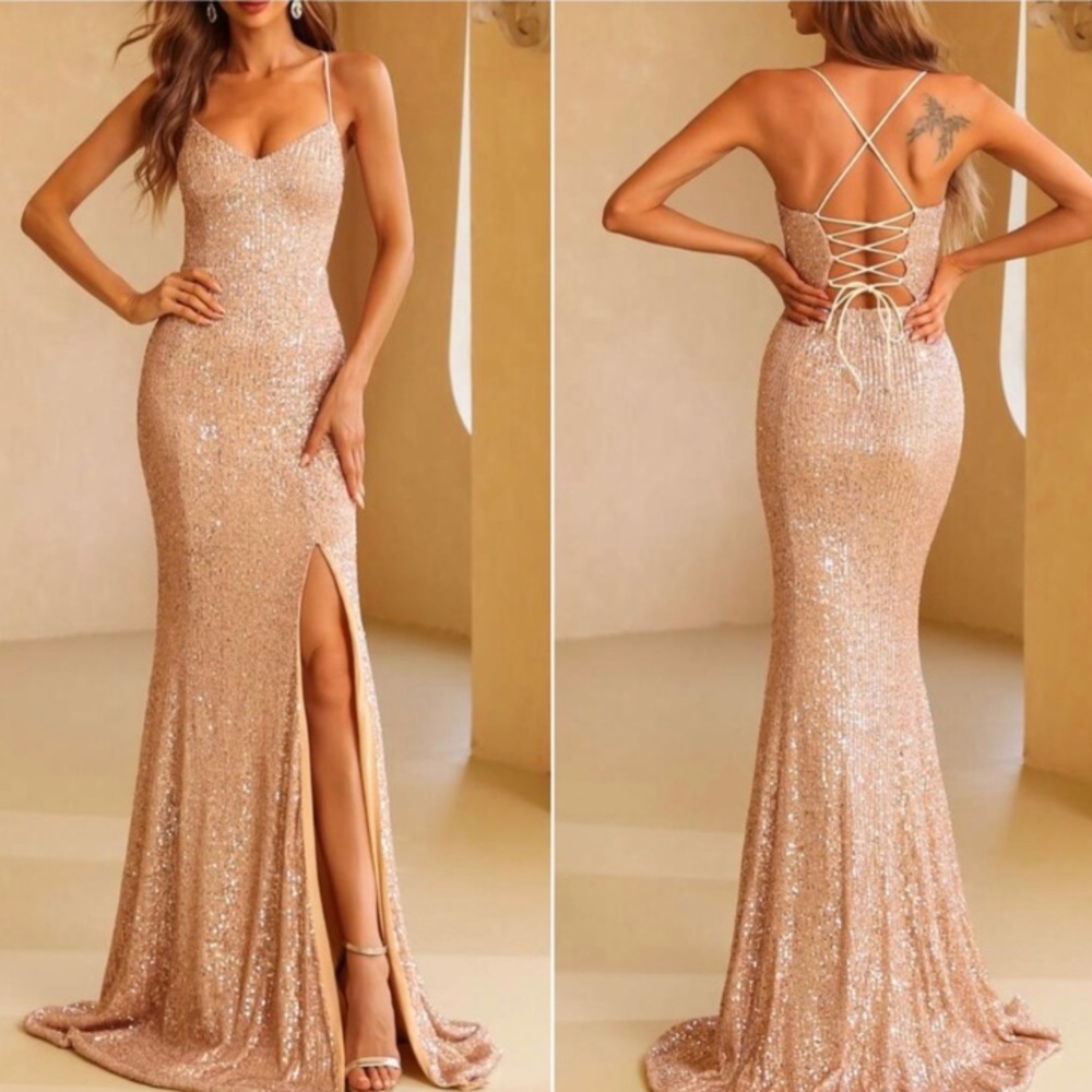 Luxe sequins slit thigh formal party evening wedding prom Lace up dress